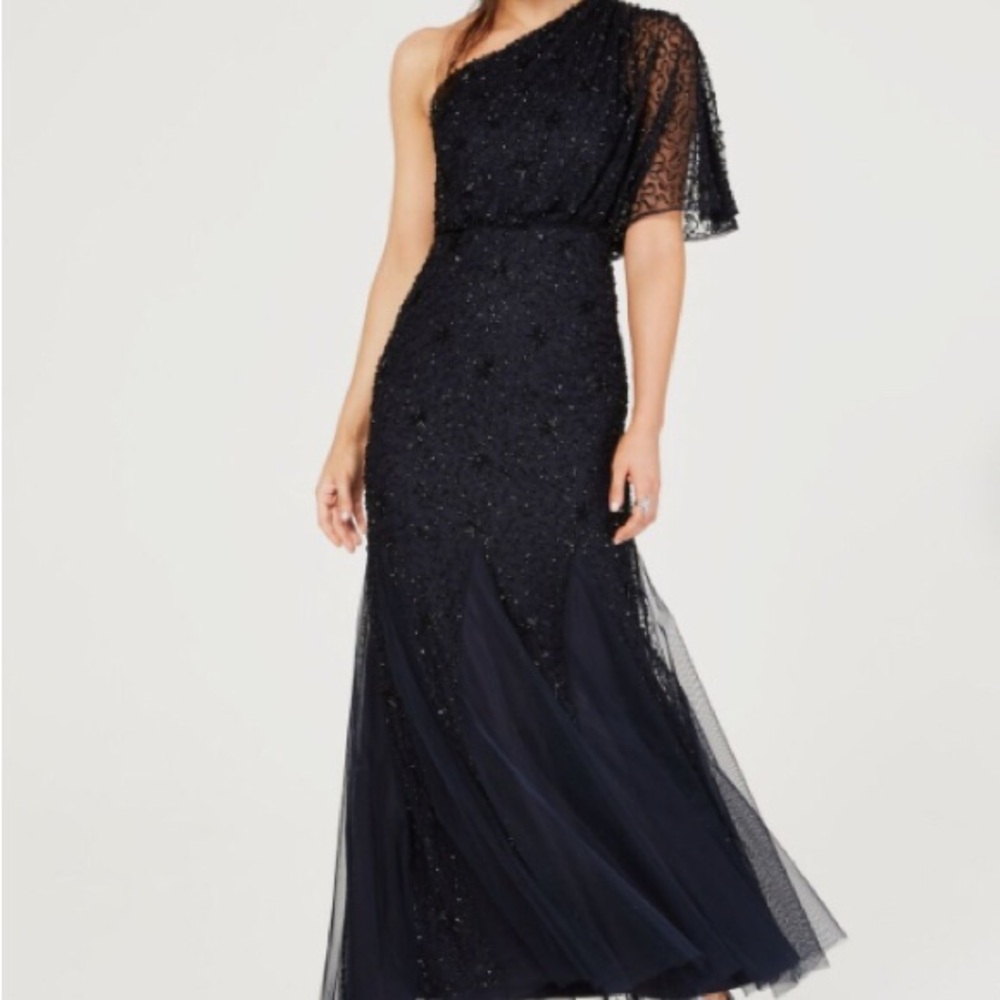 ADRIANNA PAPELL Womens Navy Asymmetrical Neckline Maxi Evening